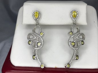 Wonderful & Elegant Brand New Sterling Silver / 925 Chandelier Earrings With Yellow & White Topaz - Wow !