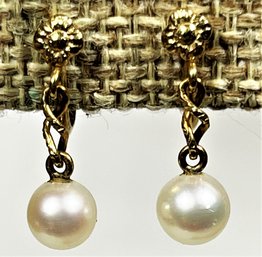 14K Gold 585 Cultured Pearl Screw Back Drop Earrings