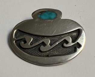 VINTAGE NATIVE AMERICAN ZUNI STERLING SILVER TURQUOISE POTTERY BOWL BROOCH