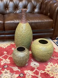 Pair Of Heavy Terracotta EI8TEEN KARAT Erosion Ball Vases