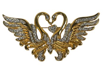 Large Signed Nolan Miller Gold Tone Rhinestone Double Swan Brooch