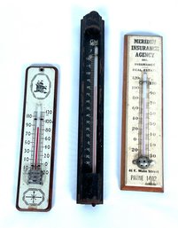 Three Vintage Thermometers From Meridan Insurance Agency, GM Manufacturing Co. And Unbranded