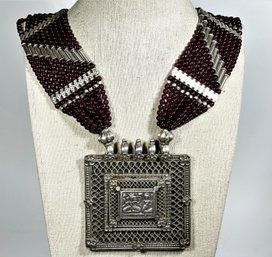 PHENOMENAL Very Large Sterling Silver Ethnographic Necklace Genuine Garnets HEAVY