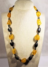 Fine Citrine Stone And Lapis Beaded Necklace 19' Long