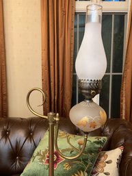 Antique Floor Standing Hurricane Lamp With Gold Leaf Etched Accents