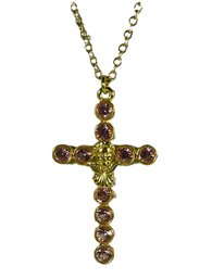 Kirks Folly Gold Tone Chain Necklace Pink Rhinestone Cross Pendant