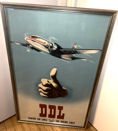 RARE Original 1947 DDL DANISH AIRLINES/ VIKING LINES Advertising Air Service Poster In Frame