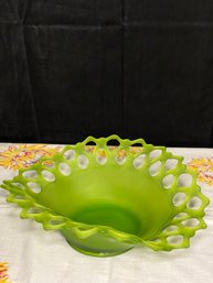 Large Forest Green Frosted Glass Bowl /w Lace Reticulated Ruffle ~ Frosted Green Glass ~ Westmoreland Open Lac