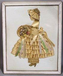 Framed 1920s Satin Ribbon Doll Picture In White 1920s