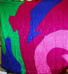 Large Very Fine Silk Scarf Multi Colored Abstract Design Pink, Blue, Red, Green No Label