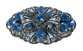 Silver Tone Vintage Blue Rhinestone Brooch Having Light Enamel