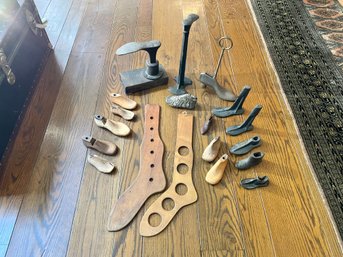 Antique Wooden, Cast Iron Shoe, Boot & Sock Molds Including Child's Wood Shoe Form With Brass Milagros