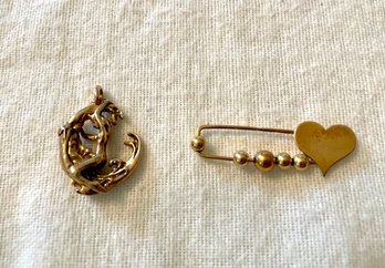 14K Crescent Moon Pendent And 14K Gold Lapel Pin