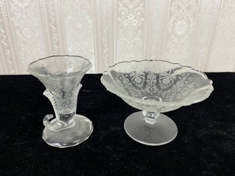 2 Piece Etched Glass Standing Vases