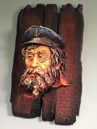 Fantastic Large Old Salt Sailor With Pipe Sculpture On Rustic Wooden Panel - Artist Signed Illegibly - Nice !