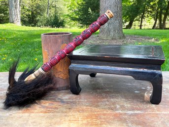 An Antique Chinese Cinnabar Horsehair Fly Swatter, A Vase, And A Footstool