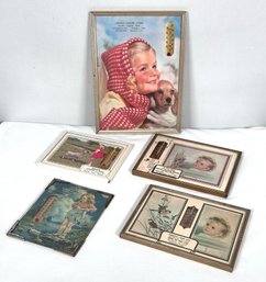 5 Picture Framed Thermometers With Annual Calendars  (back Of 3-'47,'60,'65) Advertising Varied Local Business