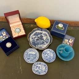 A Collection Of (3) Small English Enamel Jars And Miniature Blue Transfer-ware