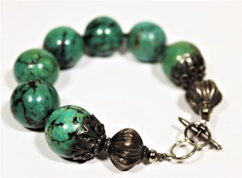 Wonderful Large Genuine Turquoise Beaded Bracelet Having Silver Mounts