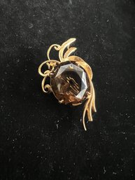 Vintage Smoky Crystal Gold Tone Brooch