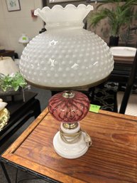 Hurricane Lamp With Pink Glass Middle And Hobnail Shade