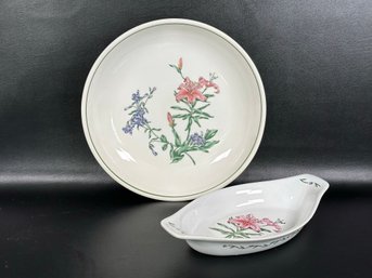 A Pretty Ceramic Bowl & Gratin By International China, Terrace Blossoms Pattern, With Boxes