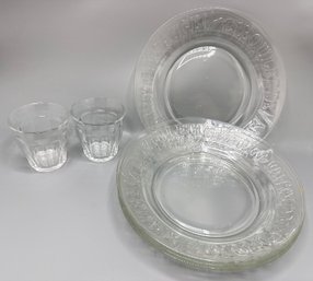 Vintage Duralex: 2 Juice Glasses & 4 Pressed Glass Plates