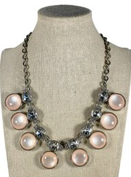 White House Black Market Silver Tone Fashion Designer Necklace Pink White Stones