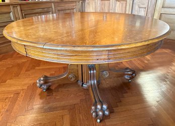 Vintage Solid Wood Clawfoot Dining Table With Brass Hardware On Casters With 2 Pads