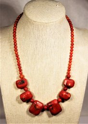 Genuine Coral Beaded Necklace Having Magnetic Clasp