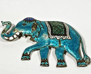 Siam Sterling Silver Enamel Blue Turquoise Colored Elephant Brooch (chips To Enamel)