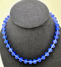 Blue Glass Beaded Necklace With 14K Gold Clasp, Japan