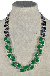 Contemporary Silver Tone Necklace W Green And White Gemstones