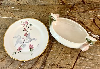 Boehm Happiness Forever Dinner Plate And Goebel W. Germany Tulip Porcelain Footed Centerpiece Bowl