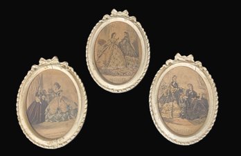 Three Victorian Oval Wood Gesso Framed Art Prints- Two Le Follet And Le Montieur De La Mode