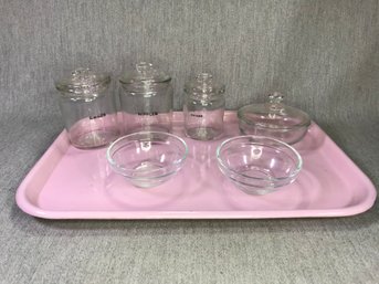 Vintage Pink Enamel Hospital Tray & Vintage Medical Glassware - Cute Display Pieces - Hard To Find Items