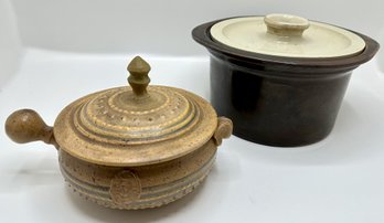 Vintage Brown Glaze Covered Crock & Bennington Potters Covered Bowl