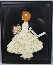 1920s Hand Crafted Ribbon Doll Picture Having Red Wig Black Frame