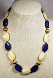 Gold Tone Faceted Mother Of Pearl And Lapis Lazuli Beaded Necklace