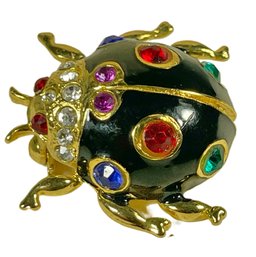 Vintage Gold Tone Enamel And Rhinestone Lady Bug Pin Brooch