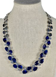 Contemporary Silver Tone Necklace W Blue And White Gemstones