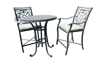 Metal High Top Bistro Style Patio Table And Two Armchairs With Scrollwork