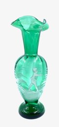 Vintage Hand-blown Emerald Green Mary Gregory Style Vase