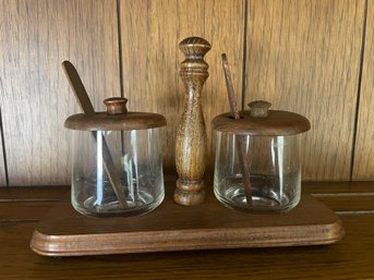 Mid Century Condiment Tray And Containers Styson Wood & Glass