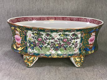 Vintage Style Chinese Rose Medallion Style Planter - Oblong / Oval Design With Four Feet - No Breaks / Chips