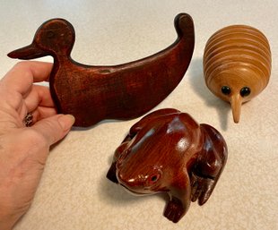 Three Carved Wooden Animals - Duck, Frog & Hedgehog