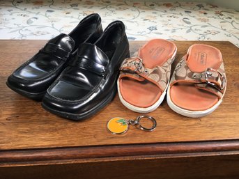 Two Pairs Of COACH Footwear 6B - Coach Penny Loafers & Coach Sandals PLUS Brand New Coach Enamel Keychain !