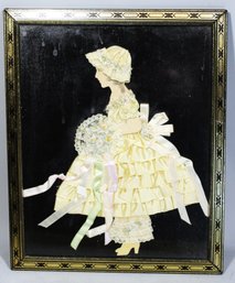 Vintage Hand Crafted Satin Ribbon Doll Framed In Tin Frame