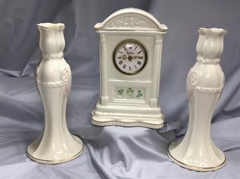 Three Very Nice Piece Of BELLEEK CHINA - Made In Ireland - Clock & Two Candle Sticks - Very Nice Pieces