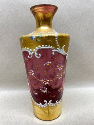 Venetian 18K Gold Murano Hand Blown Red Amber Glass Tre Fuochi 6 1/4'Bud Or Flower Vase Showing Wear At Neck.